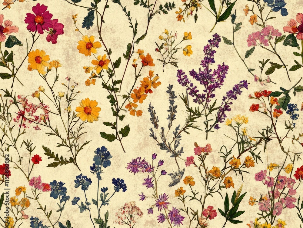 Poster floral pattern with many different colors and types of flowers. the flowers are arranged in a way th