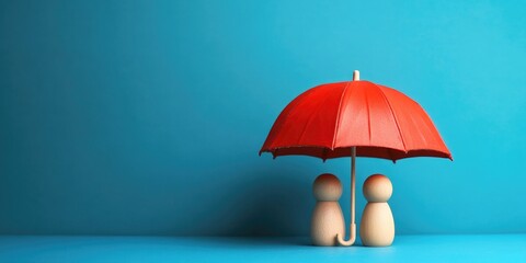 Two wooden figures are standing under a red umbrella. The umbrella is open and the figures are positioned under it. Concept of protection and security