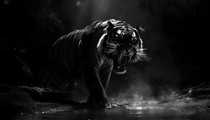 Majestic tiger roaring in the darkness, showcasing wild beauty