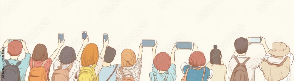 Poster a group of people waving and smiling, standing in front view with their backs to the camera generati