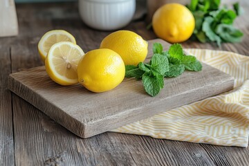 Lemons and mint leaves on a wooden board with a yellow napkin on the table in the kitchen.