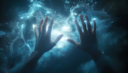 Male hands reaching out from within a dark holographic VR space, with ghostly holographic data streams swirling around