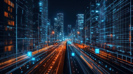 Futuristic Cityscape Illuminated By Digital Data Streams