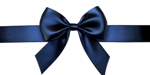 navy blue satin ribbon bow with long straight silk strips isolated on transparent background, gift wrap decoration design