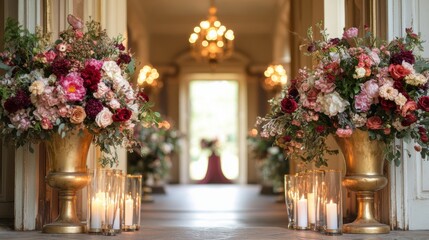 wedding event decor, wedding entrance with dramatic flowers, tall gold vases, and candles guiding to the main hall, includes text area
