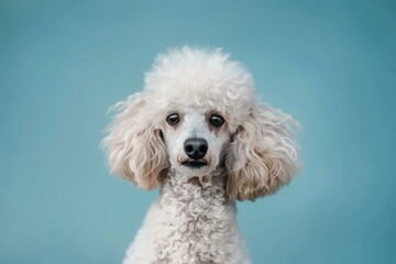 Portrait of beautiful white poodle dog posing on a light blue background