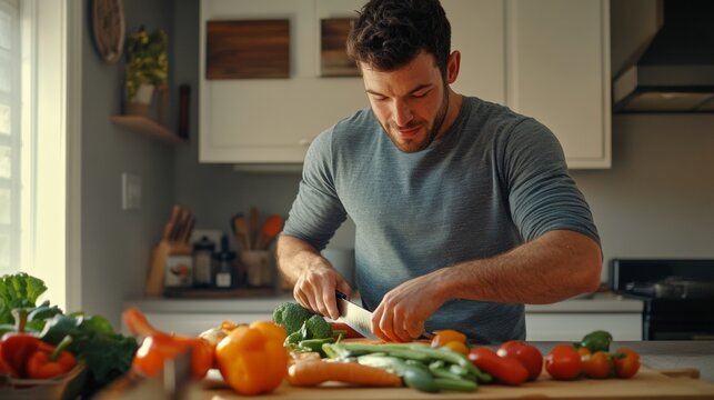 In a bright kitchen, a man diligently cuts a variety of fresh vegetables on a wooden cutting board. He focuses on creating a healthy meal, surrounded by vibrant produce and cooking tools