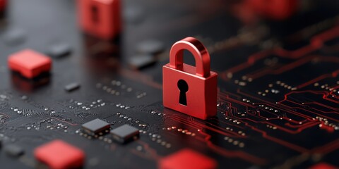 A vibrant red lock icon rests on a dark circuit board, symbolizing digital security and technological protection in the cyber realm.