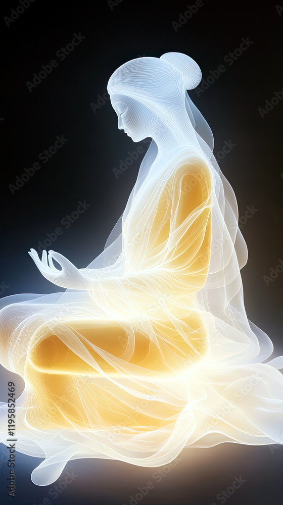 Poster bodhisattva illuminated by golden smoke in a celestial embrace of light and reflection