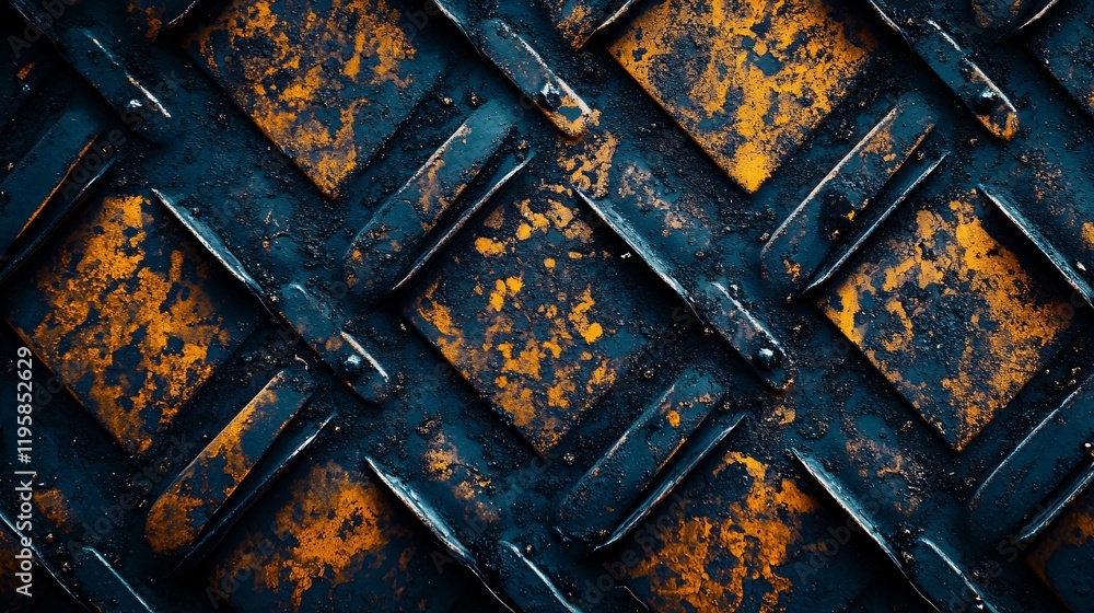 Poster rusty metal surface pattern with diagonal diamond shapes in industrial setting