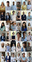 Obraz premium Vertical footages collage view diverse generation, ethnicity and occupation people pose at home or office smile staring at camera look confident and happy. E-dating services app for singles, lifestyle