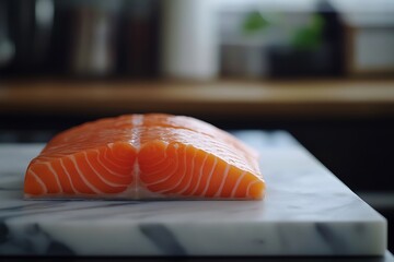 Fresh salmon fillet resting on marble cutting board in kitchen setting