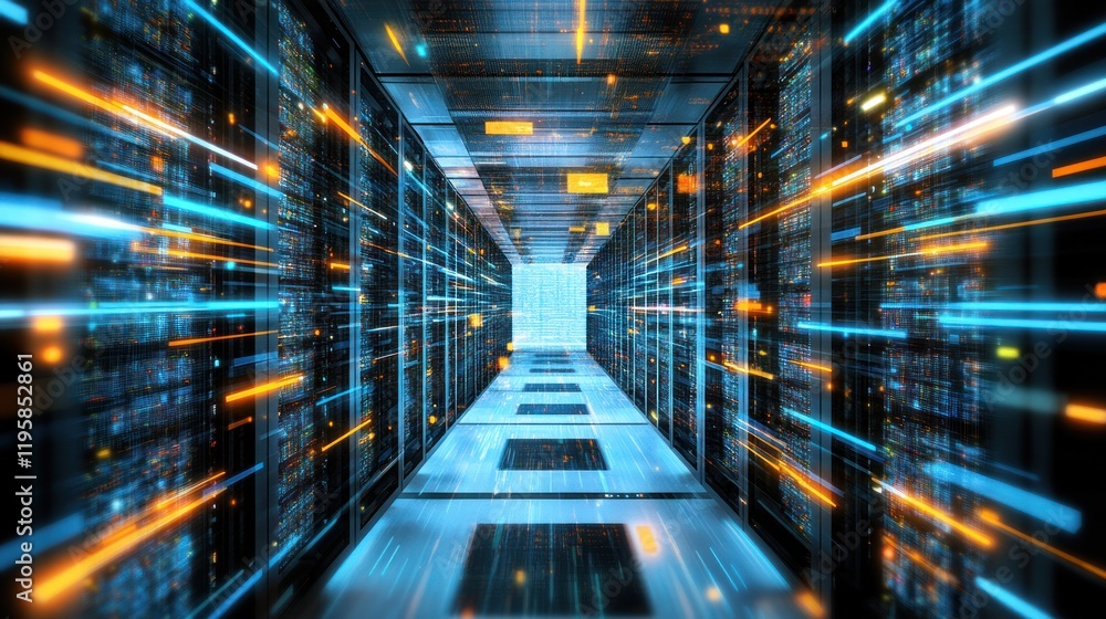 Poster illuminated data center server room corridor