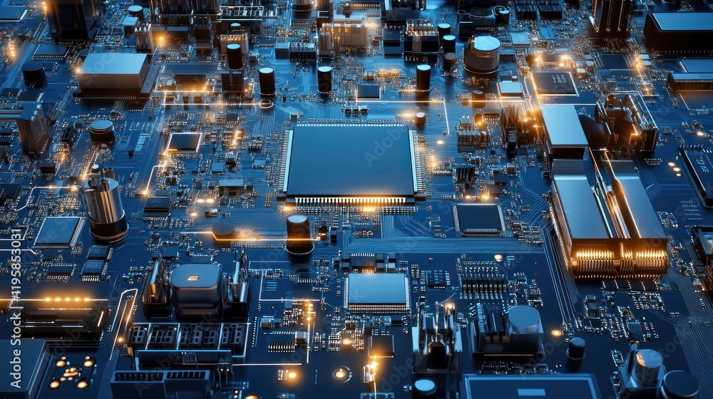 Poster Illuminated Circuit Board Shows Complex Technological Design