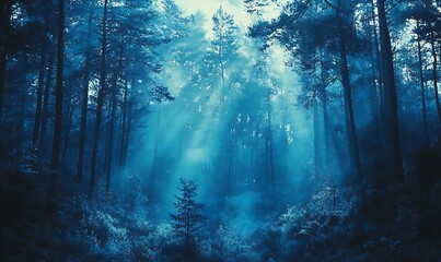 Obraz premium Blue-Tinted Forest Scene with Pine Trees in a Classic Film Analog Style
