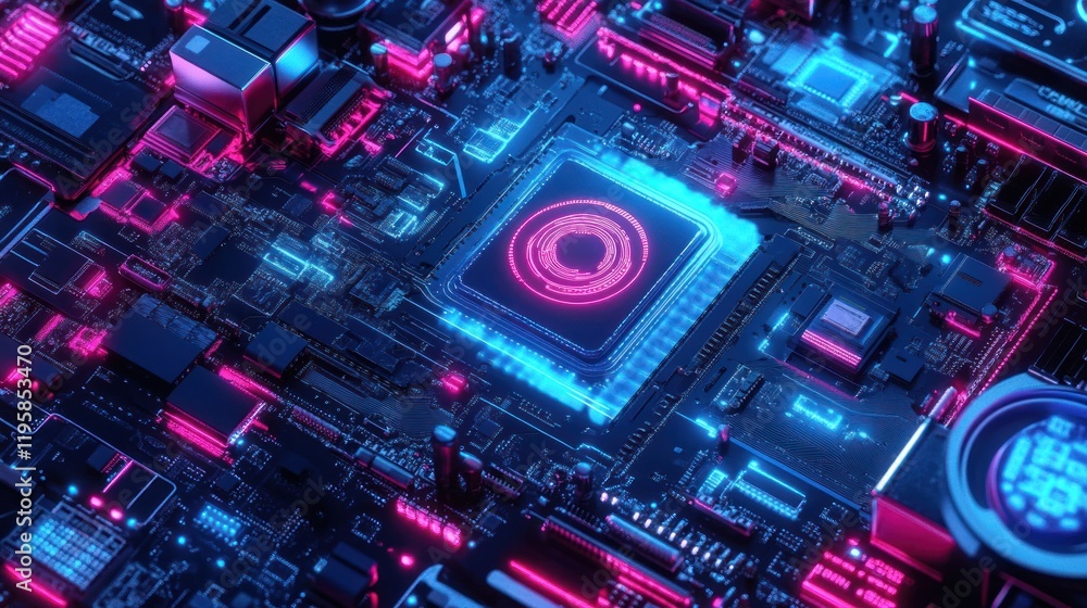 Poster neon lit computer motherboard central processing unit