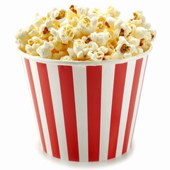 Freshly made popcorn overflowing a classic red and white striped cardboard bucket on white background