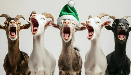 Merry goat in a green Santa hat singing carols with other goats on a white background