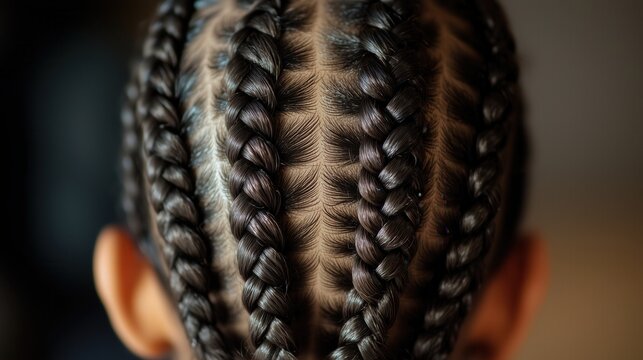 The detailed back view of a child&rsquo;s head reveals an elegant braid design on dark hair, the intricate interweaving creating a stunning visual texture.