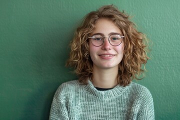 Fototapeta premium Young female student in pullover and shirt, wearing big round spectacles, smiling at camera