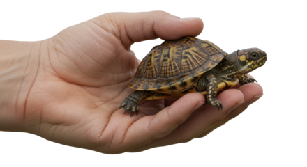 Hand & Fingers holding a little baby turtle tortoise & shell, isolate transparent png