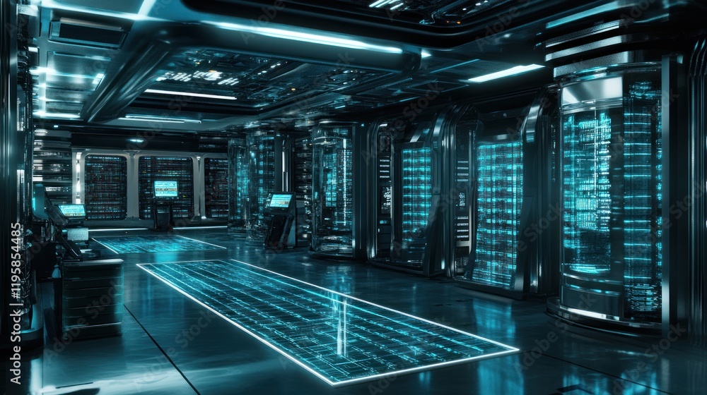 Aufkleber futuristic server room with illuminated data storage units
