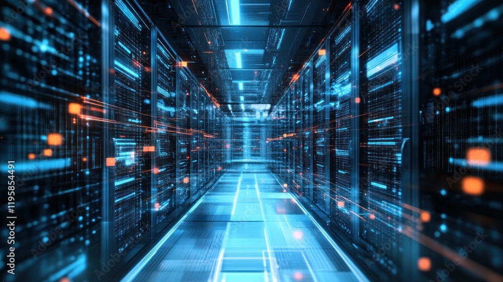 Poster illuminated server room corridor shows data flow