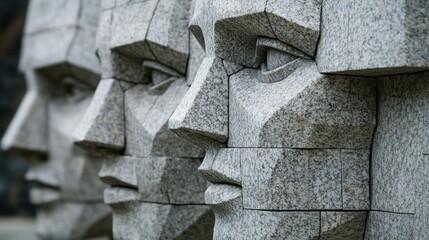 Three stone-like sculptures of human faces, intricately constructed from geometric, cube-like blocks, blending artistic expression with architectural precision.