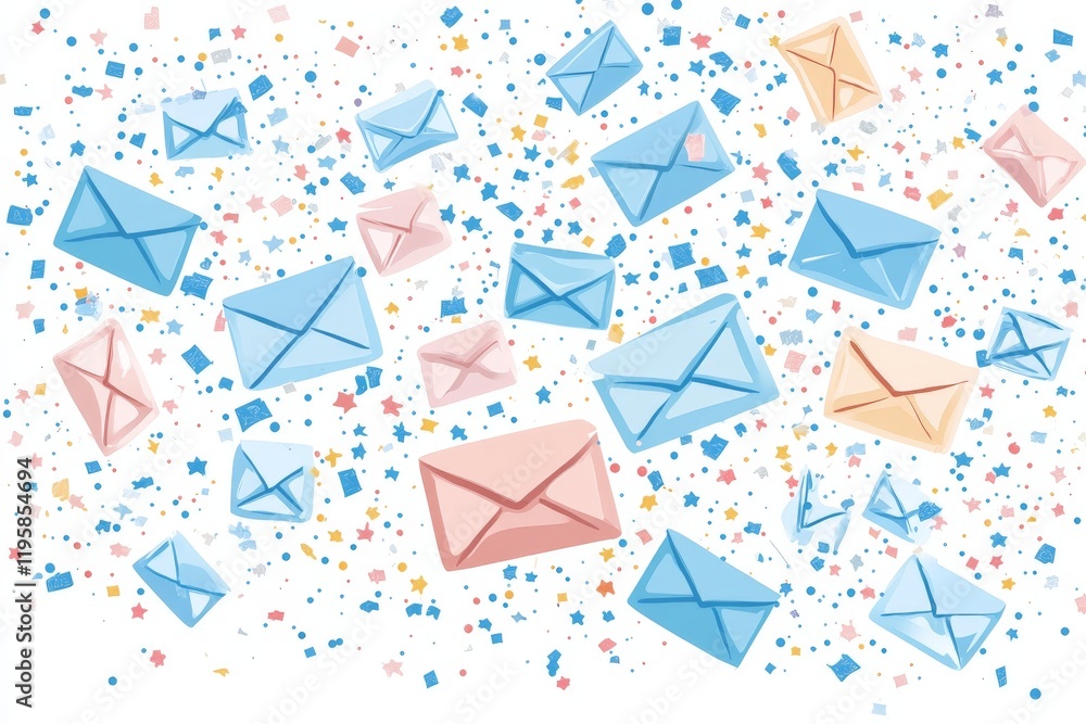 Poster creative scatter of pink and blue email icons on a confetti like background illustrating the flow of