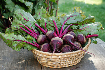Freshly harvested beets in wicker basket