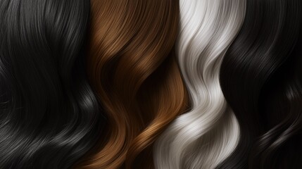 Fototapeta premium The fine details of three hair strands, one in rich brown, one in deep black, and one in shimmering platinum, are captured in a close-up, emphasizing their silky appearance and vibrant tones.