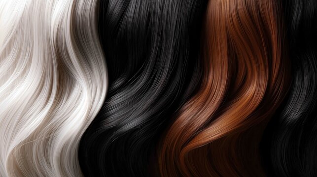 The fine details of three hair strands, one in rich brown, one in deep black, and one in shimmering platinum, are captured in a close-up, emphasizing their silky appearance and vibrant tones.