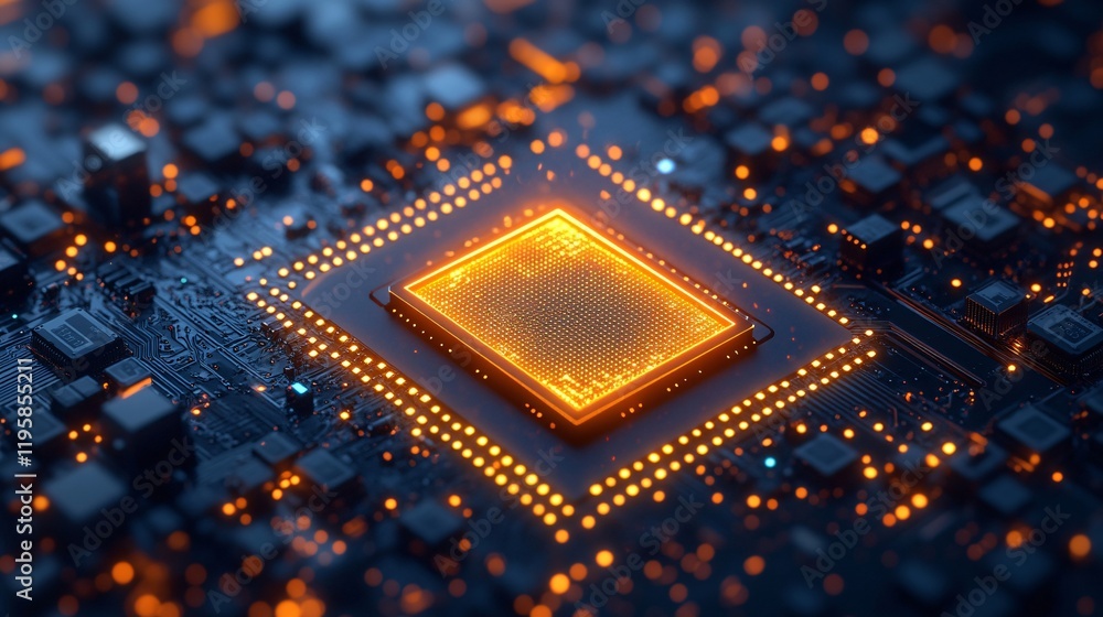 Poster glowing microprocessor showcases intricate circuitry at night in high-tech environment
