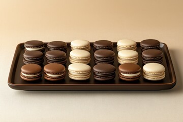 Dark brown tray with white and chocolate macarons arranged in rows of three on beige background, front view banner with copy space.