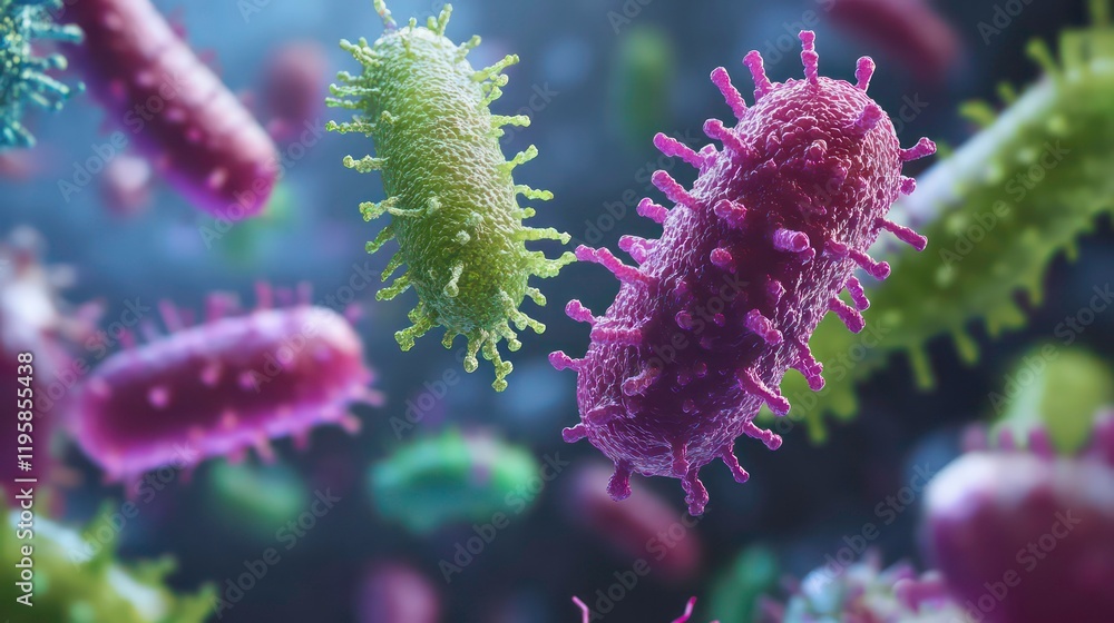 Poster microscopic view of colorful bacteria floating in a dark background.