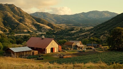 Obraz premium Rustic Farm nestled in a Mountain Valley at Sunset