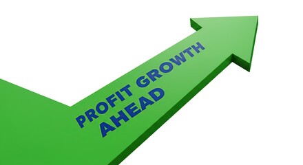 Profit Growth Ahead - Green Upward Arrow with Bold Blue Text on Financial Concept. financial reports, investment presentations, and articles discussing economic trends and positive financial outlooks.