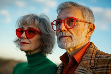 A senior couple stands side by side, both wearing vibrant red glasses, against a cloudy sky backdrop