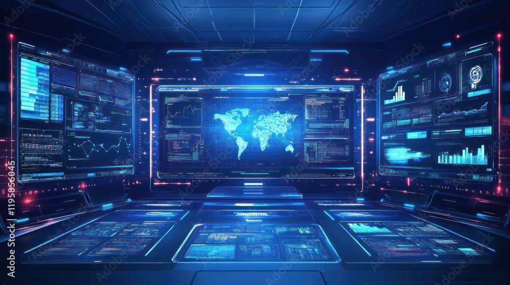 Poster futuristic control room displays global data analysis