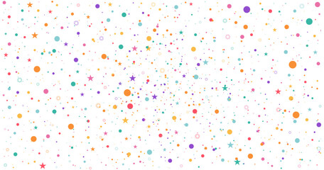 Colorful Confetti, Stars, and Fireworks in Orange, Pink, Violet, and Blue Creating a Festive and Joyful Atmosphere for Celebrations, Parties, or Special Events with a Vibrant Background