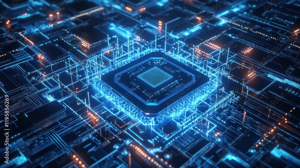 Poster Central Processing Unit glowing within complex circuitry
