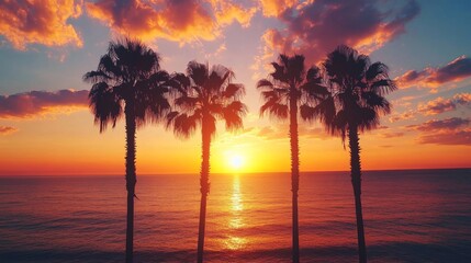 Obraz premium Dark palm trees silhouettes on colorful tropical ocean sunset background, vector illustration