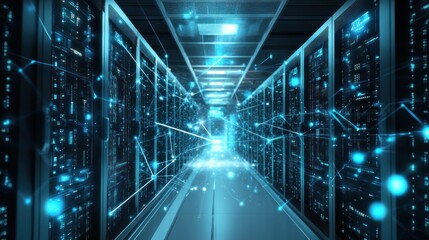 Illuminated Server Room Network Data Center
