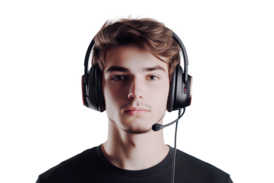 Streamer wearing gaming headphones with microphone isolated on transparent background