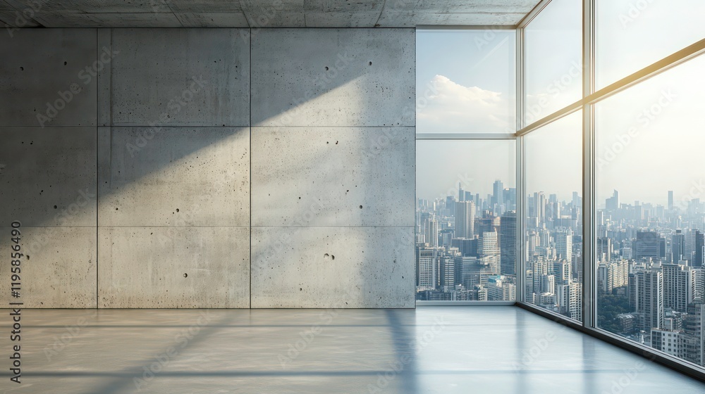 Poster modern empty room with large windows showcasing a city skyline.