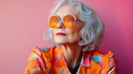 A stylish elderly woman with silver hair wearing oversized orange sunglasses and a colorful floral blazer against a pink background