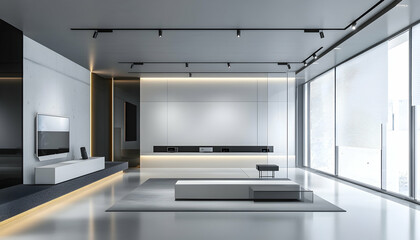 Fototapeta premium Modern electronics store interior design with display screens and minimalist decor.