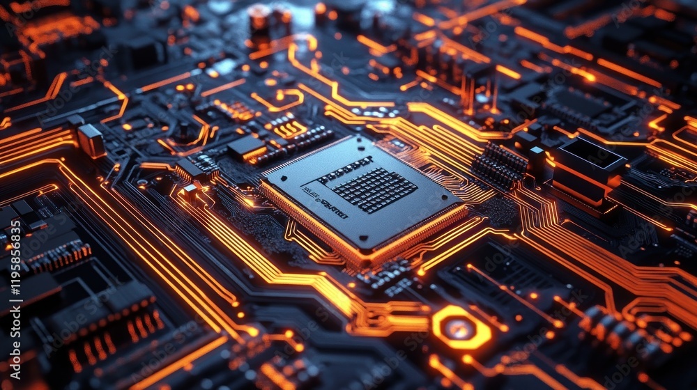 Poster Illuminated Circuit Board Shows Central Processing Unit
