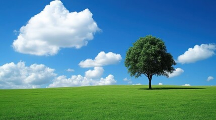 Lone Tree in a Verdant Meadow Under a Blue Sky