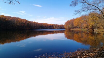 Autumn Reflections On A Calm Lake Surrounded By Trees
